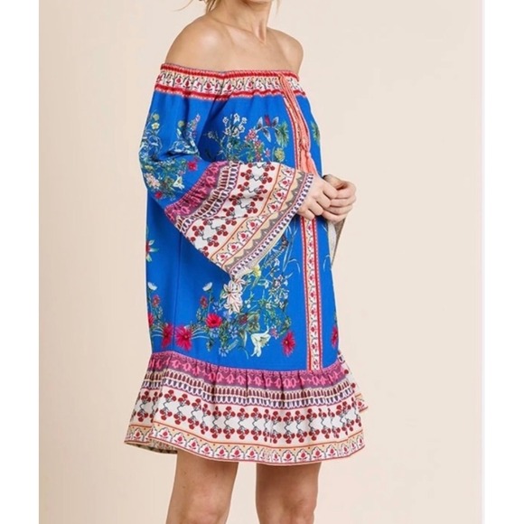 Umgee USA Dresses & Skirts - Umgee USA Blue Floral Bell Sleeve Off Shoulder Mini Dress M